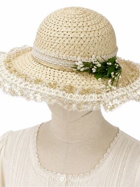 Handmade Romantic Straw Hat Lace Lily of the Valley Cottagecore Garden Tea Party